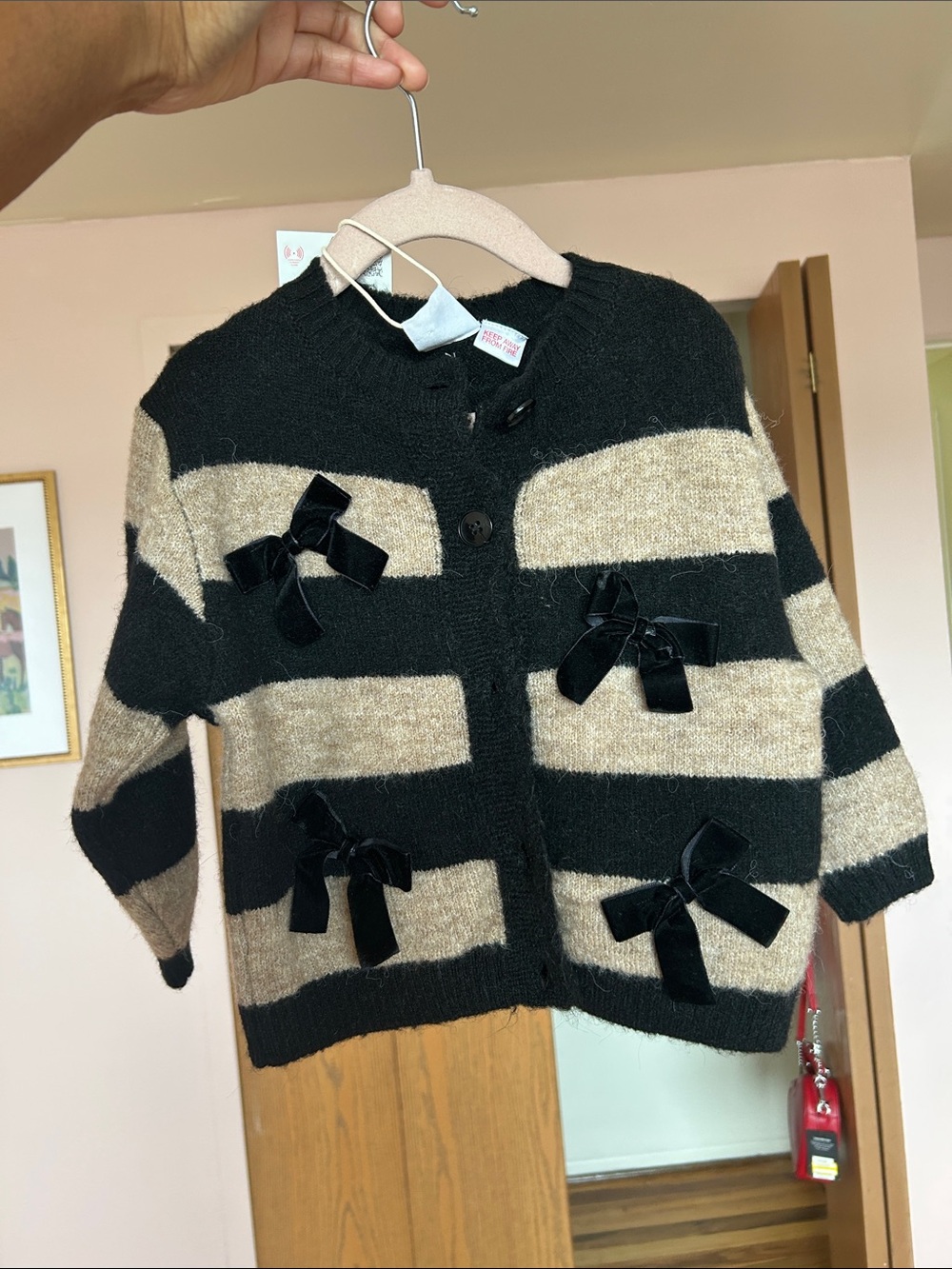 Zara Black & Beige Striped Cardigan with Velvet Bows